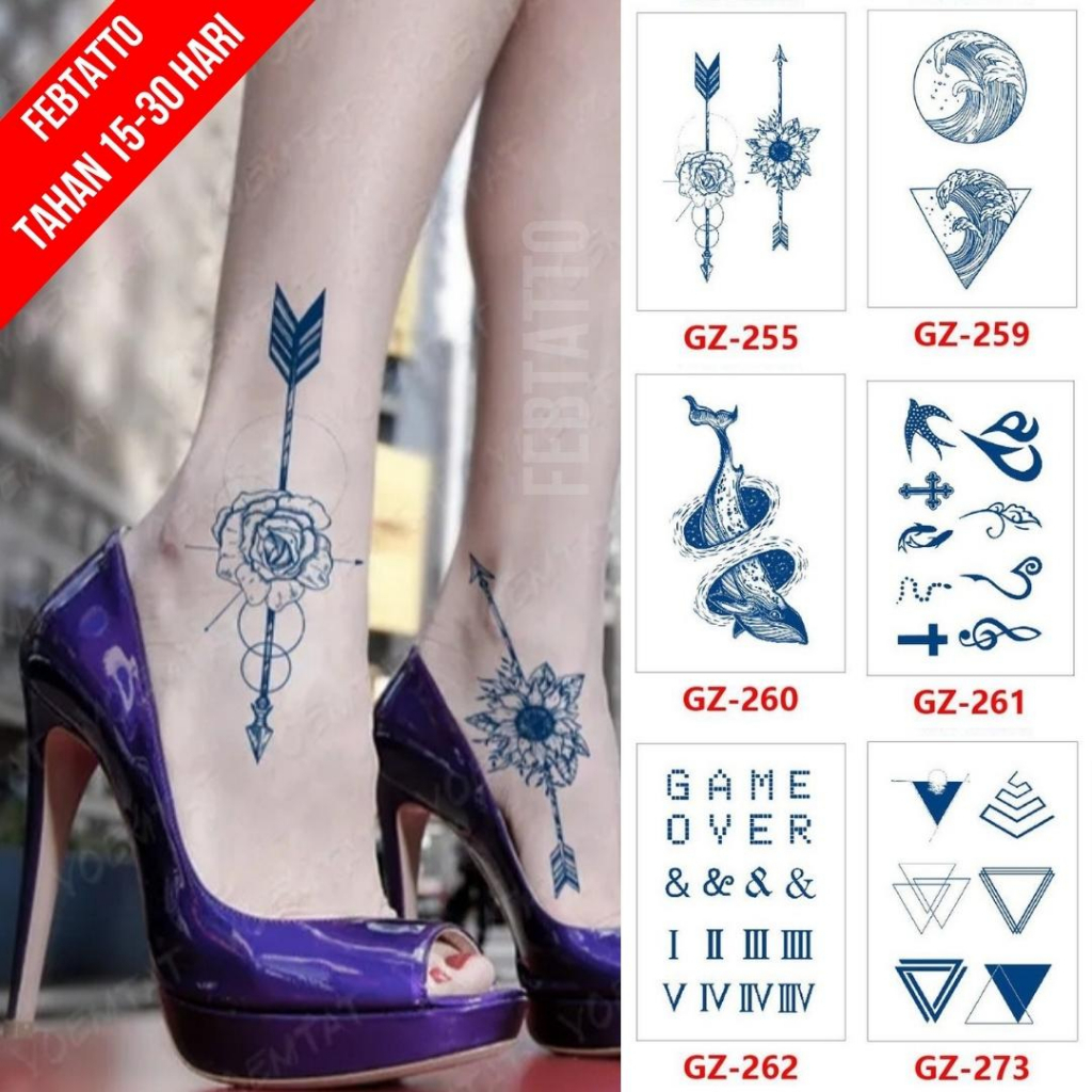FRUIT INK Tato Semi Pemanent Tahan 1 Bulan Ukuran 11cmx18cmTato Lengan Tato Dada Tato tangan Tato Kaki Tato Punggung Tato Jari  Motif Aesthetic Tatto Temporary Stiker Tato Halal Grosir Tato air motif panah, ombak, ikan, salib, tulisan, segitiga GZ 255