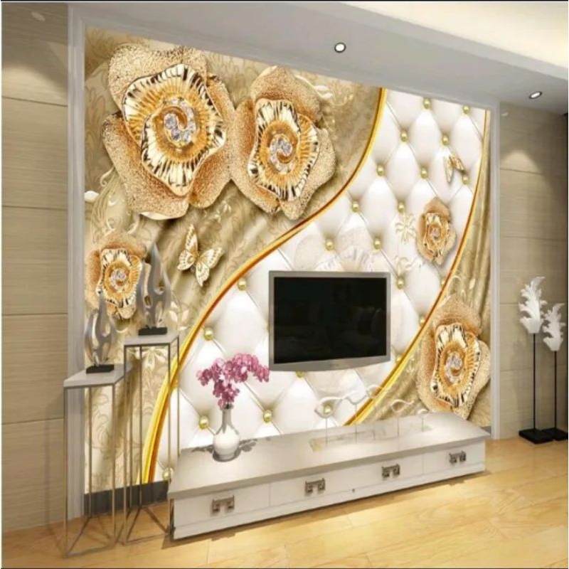 wallpaper 3d custom motif bunga emas, wallpaper dinding bunga murah berkualitas