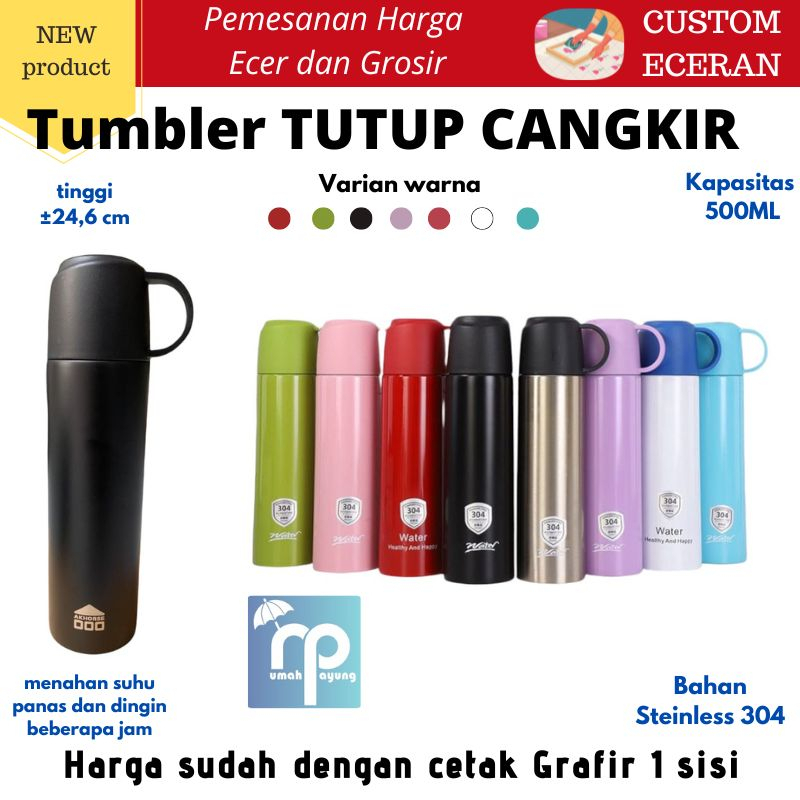 TUMBLER CUSTOM ECERAN GROSIR Tumbler tutup cangkir 500ml + cetak Nama Logo Laser Grafir Souvenir Promosi