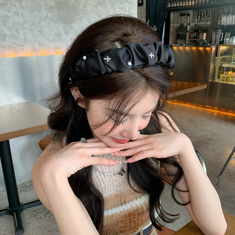 BANDO KAIN KERUT HIASAN MUTIARA SATIN SCRUNCHIE HEADBAND HAIRBAND WITH PEARL BENDO SILK SMOOTH LEMBUT HAIR HOOP KOREA KOREAN