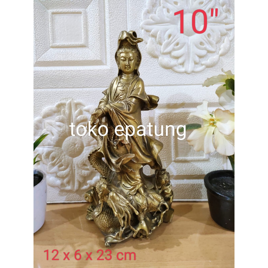 patung dewi kwan in / kwam im / guan yin - naga - kuningan - 10 inch