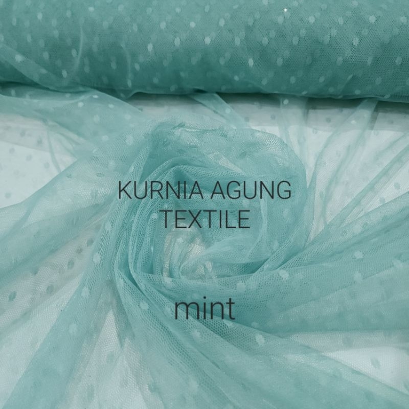 Kain Tile Tulle Polkadot SAGE GREEN / Tile DOT Bahan Gaun Gamis Dress Wanita Meter dan 0.5 Meter Lebar 140cm