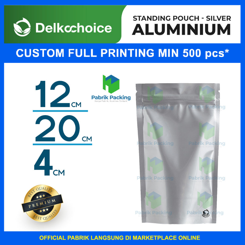 Alumunium Standing Pouch Kemasan Full Alumunium Silver Ukuran 12x20cm