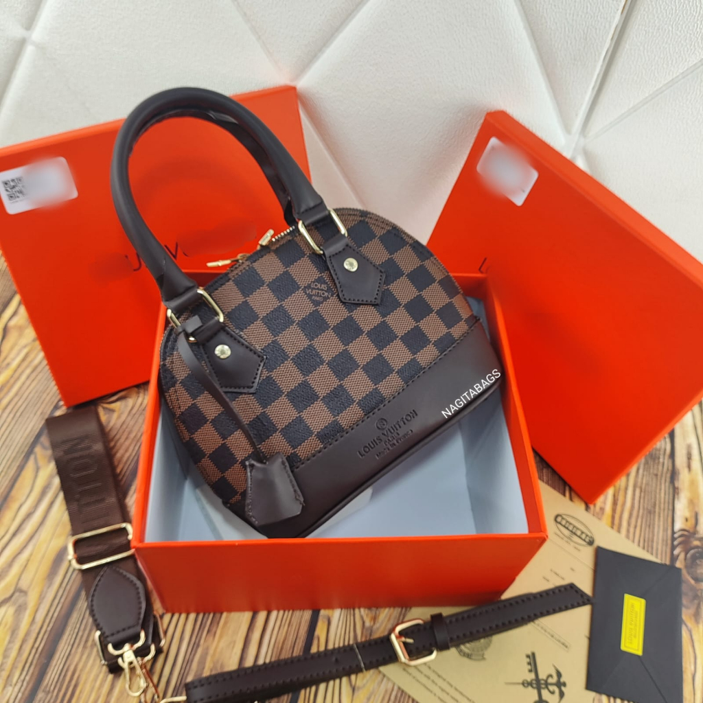 TAS IMPORT ALMA MEDIUM FREE BOX &amp; PAPERBAG KOMPLIT BRANDED PREMIUM 2 TALI STRAP GROSIR HANDBAG MIRROR - Tas LV ALMA SUPER EMBOSED TALI 2 FREE BOX - Lv Alma Medium Premium Free Bok Double Strap 0691