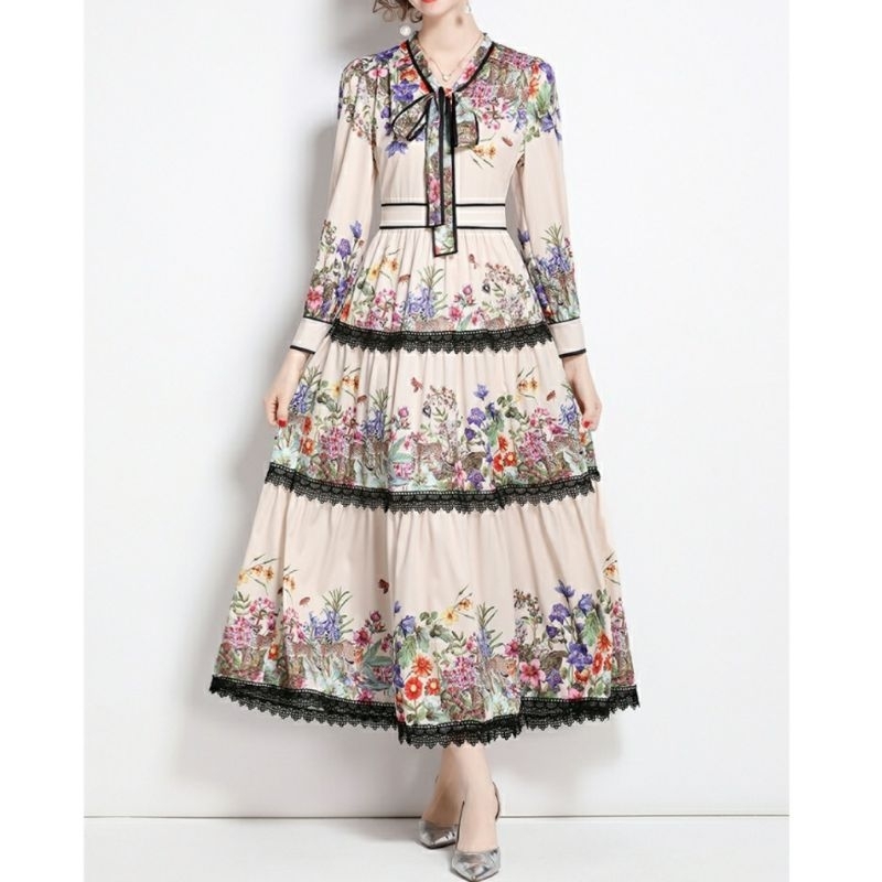 93340 Fashion Baju Maxi dress lengan panjang tangan kerah turtel leher tinggi ada pita cocok untuk h