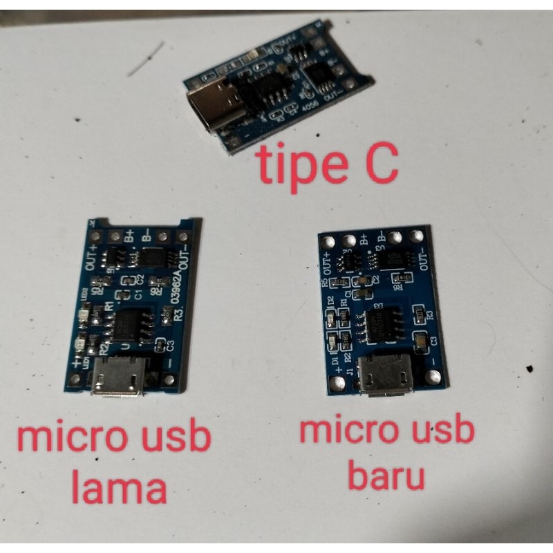 Dudukan modul charger Tp4056 micro usb dan type C