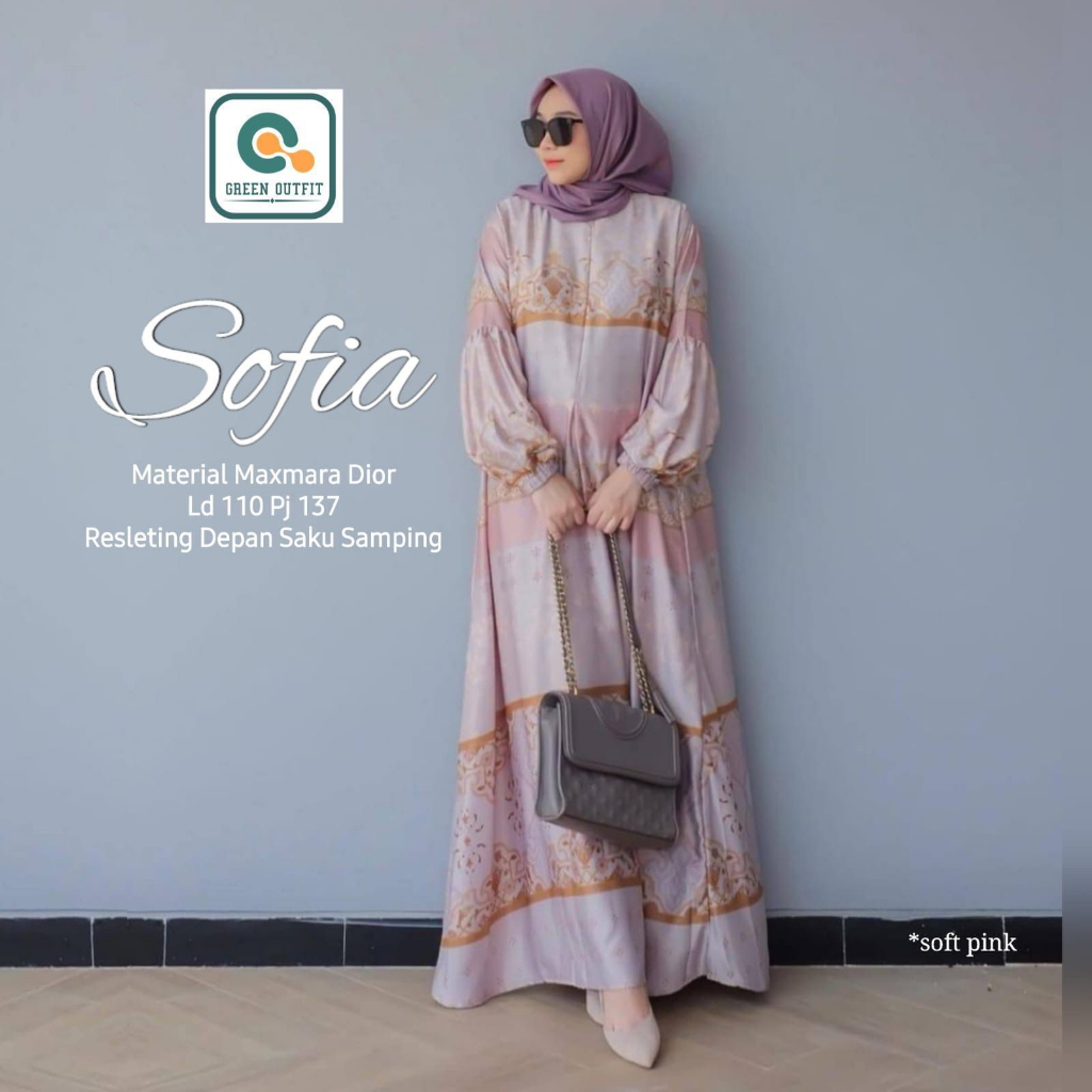 SOFIA DRESS BY GREEN OUTFIT GAMIS WANITA BAHAN MAXMARA BORDIR LD 110 BAJU MUSLIM MODEL MAYUNG MOTIF 