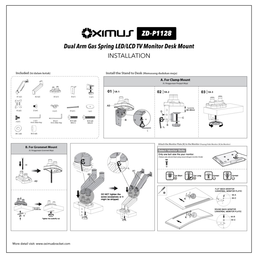 OXIMUS ZDP1128 Bracket TV Monitor LED LCD Gas Spring Tilt Swivel