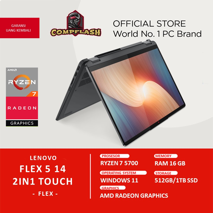 LAPTOP LENOVO FLEX 5 14 2IN1 TOUCH RYZEN 7 5700 RAM 16GB 512GB SSD FHD IPS