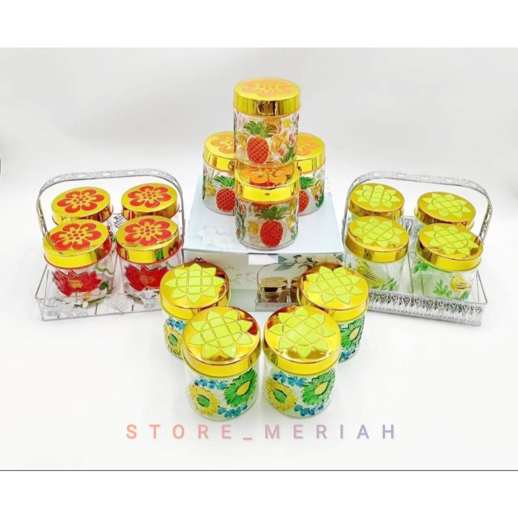 SM,TOPLES KACA MOTIF BUNGA CANTIK  SATU SET KERANJANG SERBAGUNA TOPLES KUE KERING LEBARAN