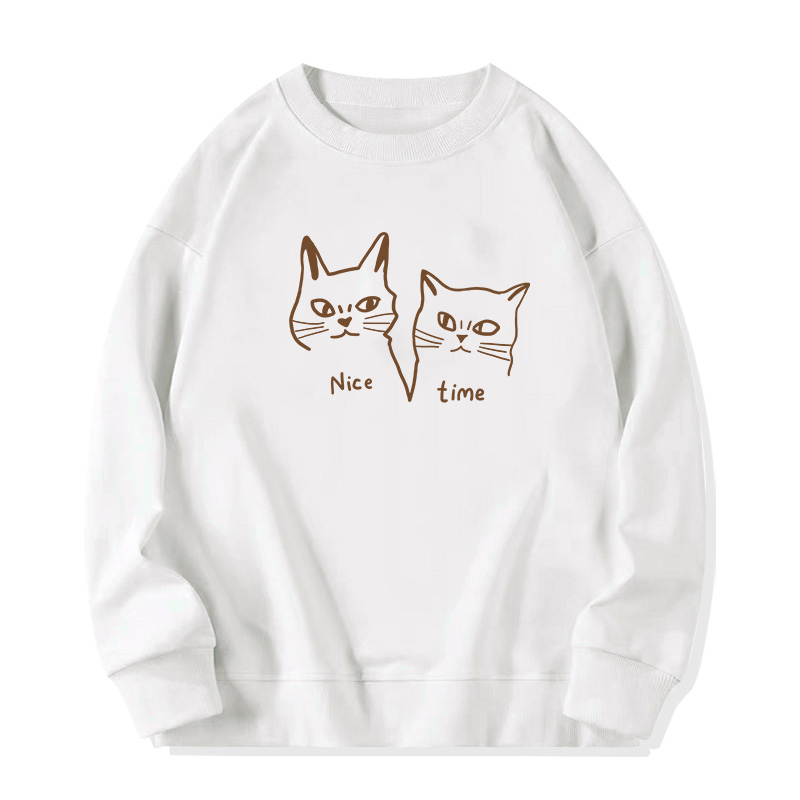 XiaoZhaiNv Sweater Oversized Wanita Nice Time Cats Pattern Lengan Panjang Korean Style