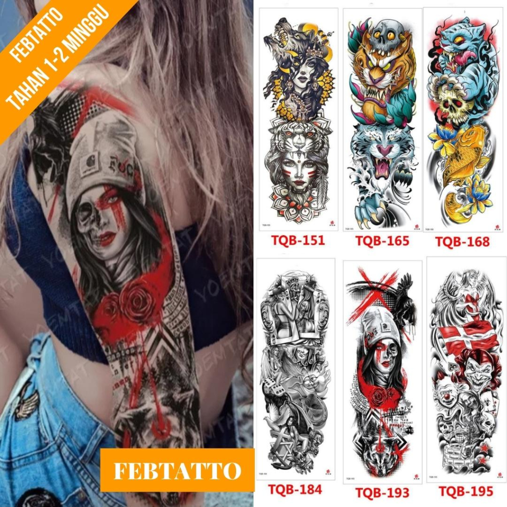 Tato Temporer Full Lengan Ukuran 17cm x 48cm Motif Wanita Burung Bunga TQB 193 Tato Lengan Tato Dada