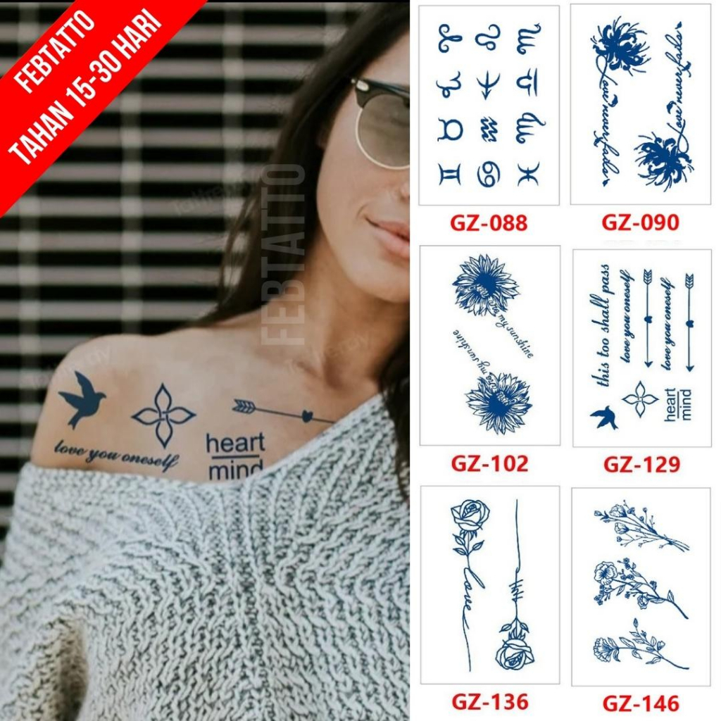 FRUIT INK Tato Semi Pemanent Tahan 1 Bulan Ukuran 11cmx18cmTato Lengan Tato Dada Tato tangan Tato Kaki Tato Punggung Tato Jari  Motif Aesthetic Tatto Temporary Stiker Tato Halal Grosir Tato air motif zodiak, tulisan, panah, bunga GZ 129