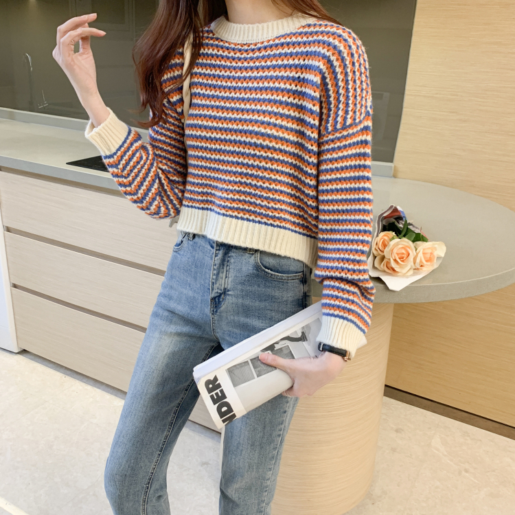 Atasan Rajut Wanita Stripe Crewneck Casual Sweater Oversize Wanita