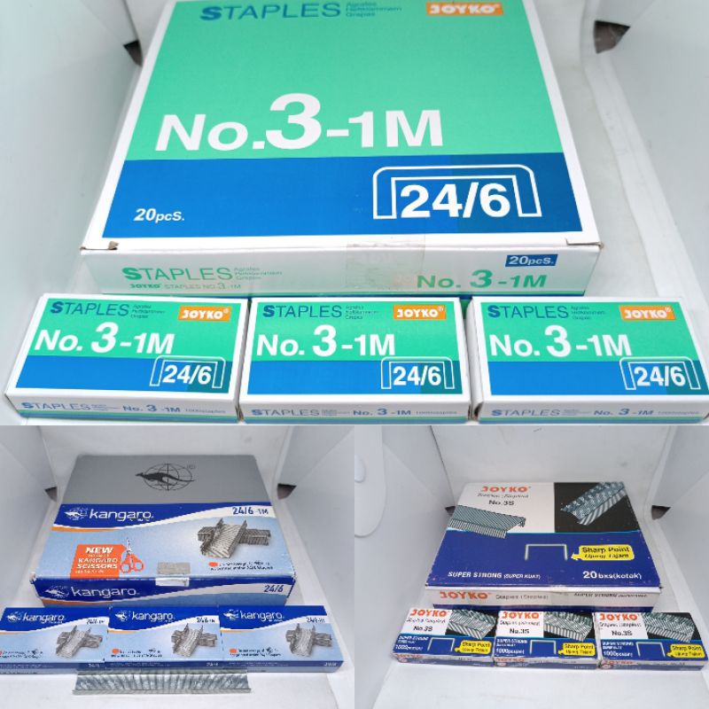 

ISI STAPLES BESI BESAR NO.3 MEREK JOYKO DAN KANGURU NO.3-1M NO.3S NO.24/6-1M 1 KOTAK ISI 1000 PCS