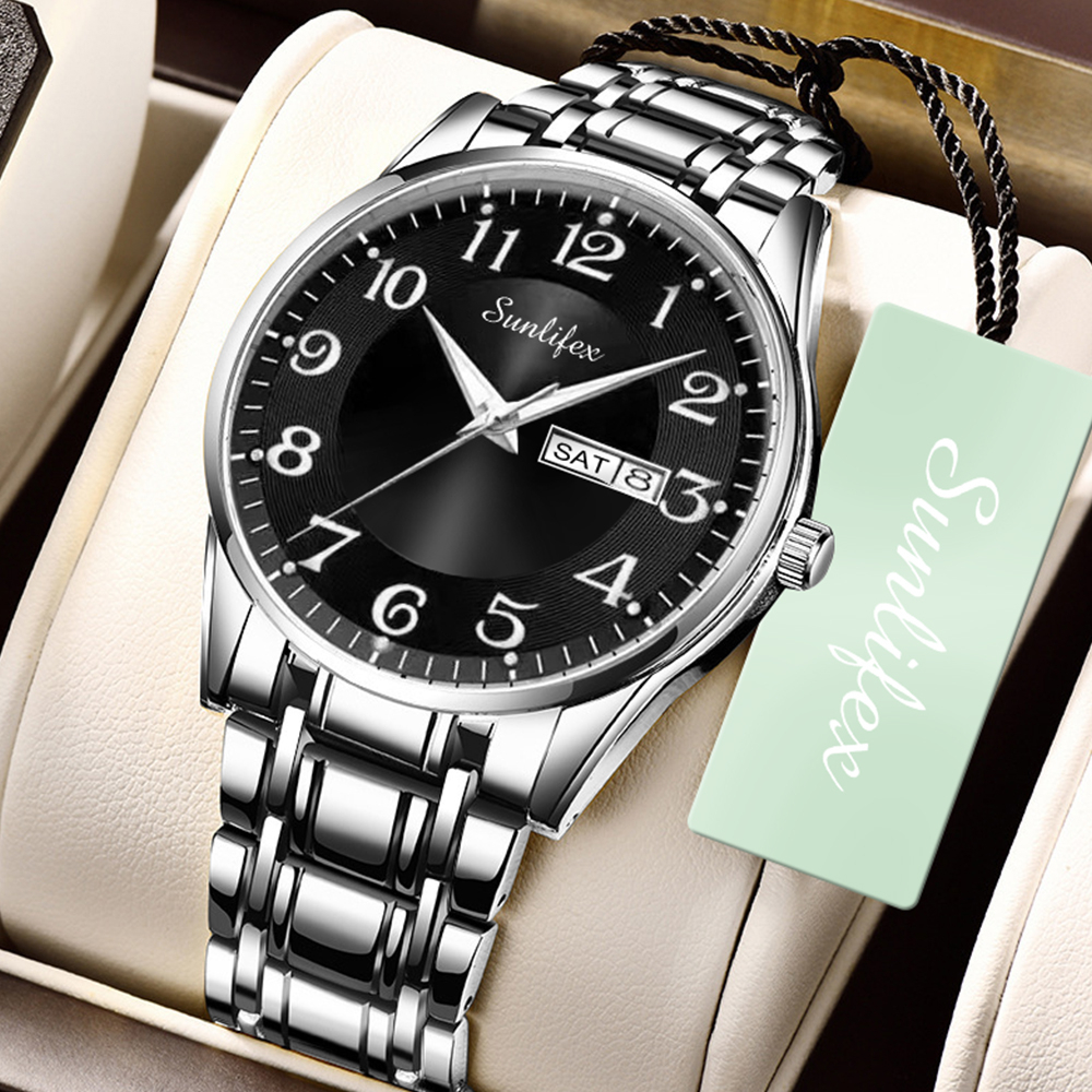 Sunlifex Jam Tangan Pria Anti Air Kuarsa Kalender Tali Stainless Steel Santai Mode Jam Tangan Cowok-5