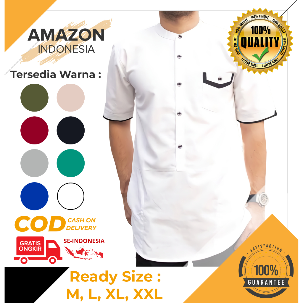 Baju Koko Kurta Dewasa Lengan Pendek Warna Putih Material Catton Adem Serap Keringat