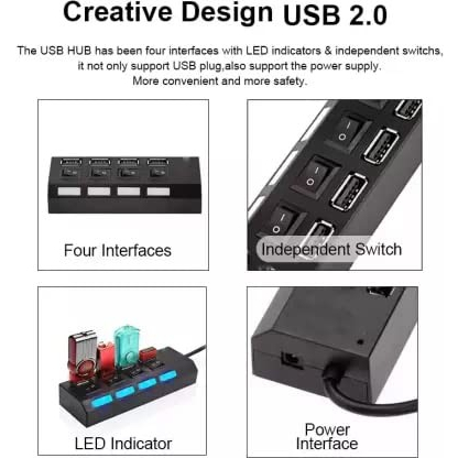 USB Hub 4 Port Output Saklar Switch On Off LED 2.0 Flashdisk Extender Extension Cable FD Kabel Ekstensi