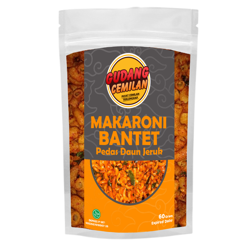 

(HALAL, PIRT) 60 GRAM, MAKARONI BANTET PEDAS DAUN JERUK, CEMILAN PEDAS, CAMILAN PEDAS