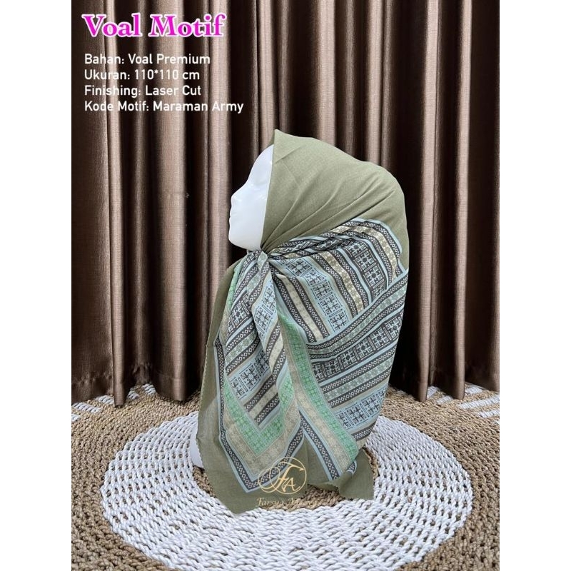 hijab segiempat motif maryam warna army krudung voal