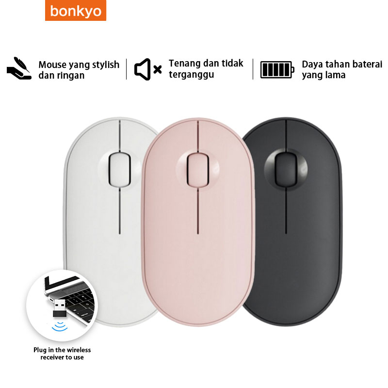 Bonkyo Mouse wireless gaming 2.4Ghz murah slim - Putih/hitam/pink