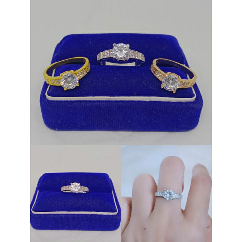 cincin solitaire mata putih samping/perak asli silver 925 lapis emas/perhiasan fashion wanita terbaru