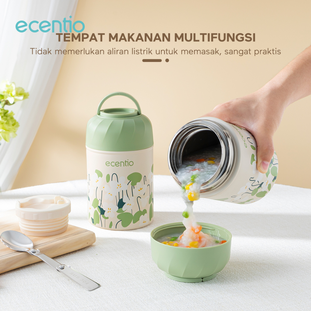 ecentio &amp; FOODI Termos Makanan food jar TAHAN 24hrs stainless 500ml termos air panas anti tumpah portable dan Sendok lipat berbahan stainless Green Wispers seri