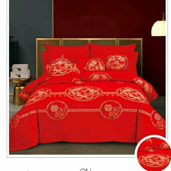 Sprei+Bedcover Chinese Wedding Katun Jepang Motif Suangxi Naga &amp; Hong