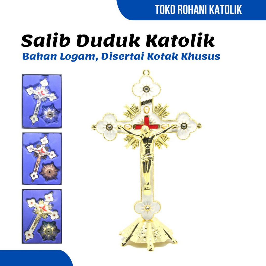 SALIB DUDUK CAHAYA 20 CM / SALIB DUDUK KATOLIK EKSKLUSIF / SALIB MEJA / SALIB ALTAR KATOLIK / SALIB LOGAM