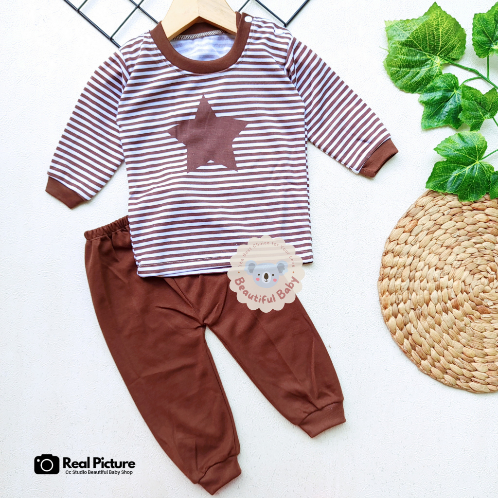 Setelan Baju Bayi Panjang Laki-laki Motif Star / Piyama Bayi Laki-laki / Baju Tidur Bayi / Kaos Oblong Bayi &amp; Anak Kancing Pundak / Baby.ou