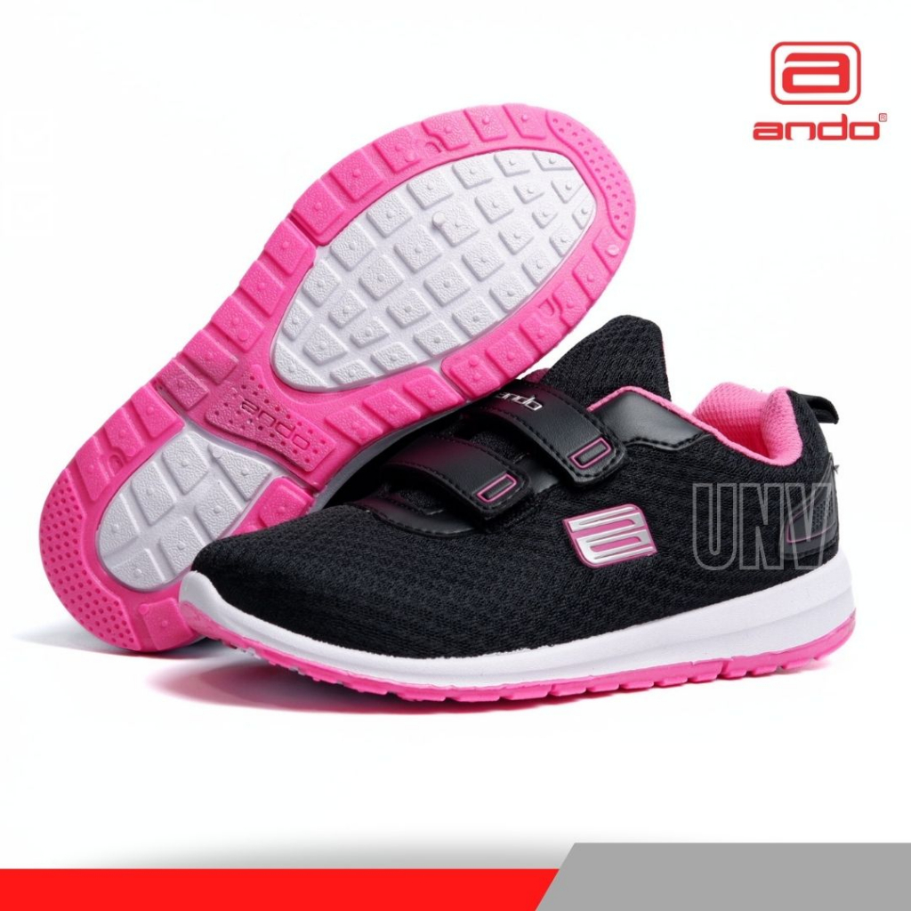 Sepatu Sekolah Anak Perempuan Ando Hitam Pink Perekat Usia 4 5 6 7 8 Tahun Sneakers Kets Olahraga PAUD TK SD Tanpa Tali