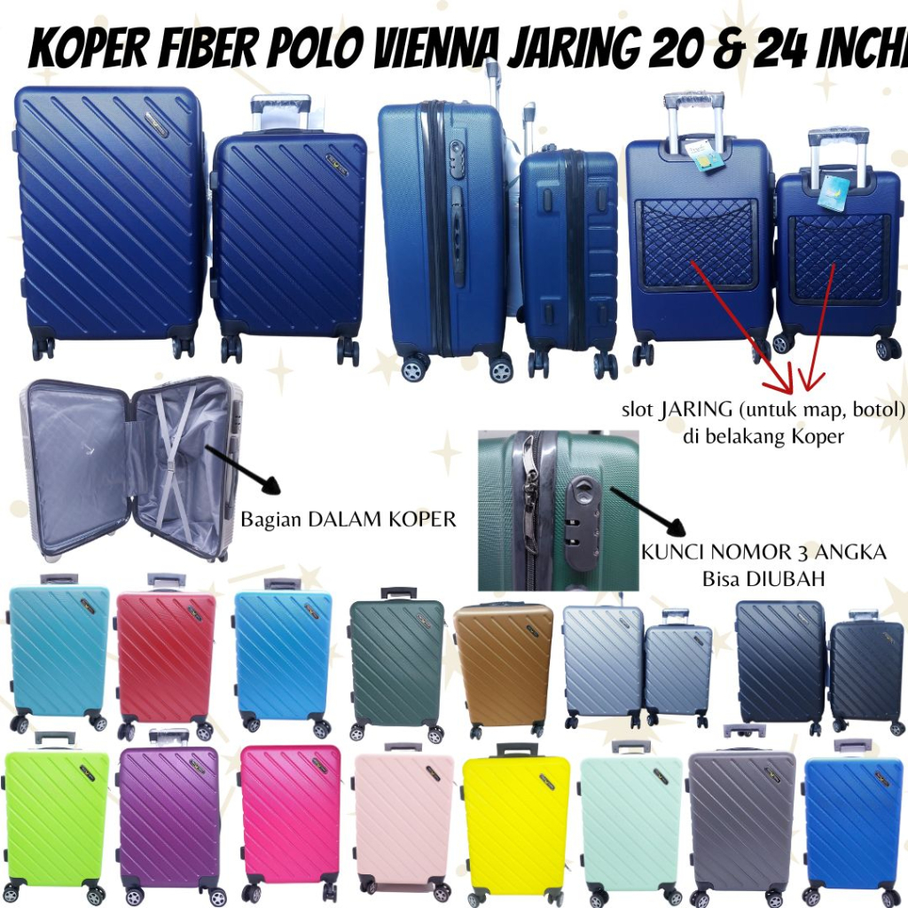 Koper Fiber Polo Viena Motif garis + Jaring (space tambahan) MURAH / Koper Fiber Polo Size 20 Inchi Size 24 Inch ORIGINAL / Fiber POLO VIENA CABIN GARIS VERTIKAL + Jaring 20&quot; 24&quot; / Koper Hard Cover Polo BARU / Koper Hard Cover Fiber Size Kabin Size Bagasi