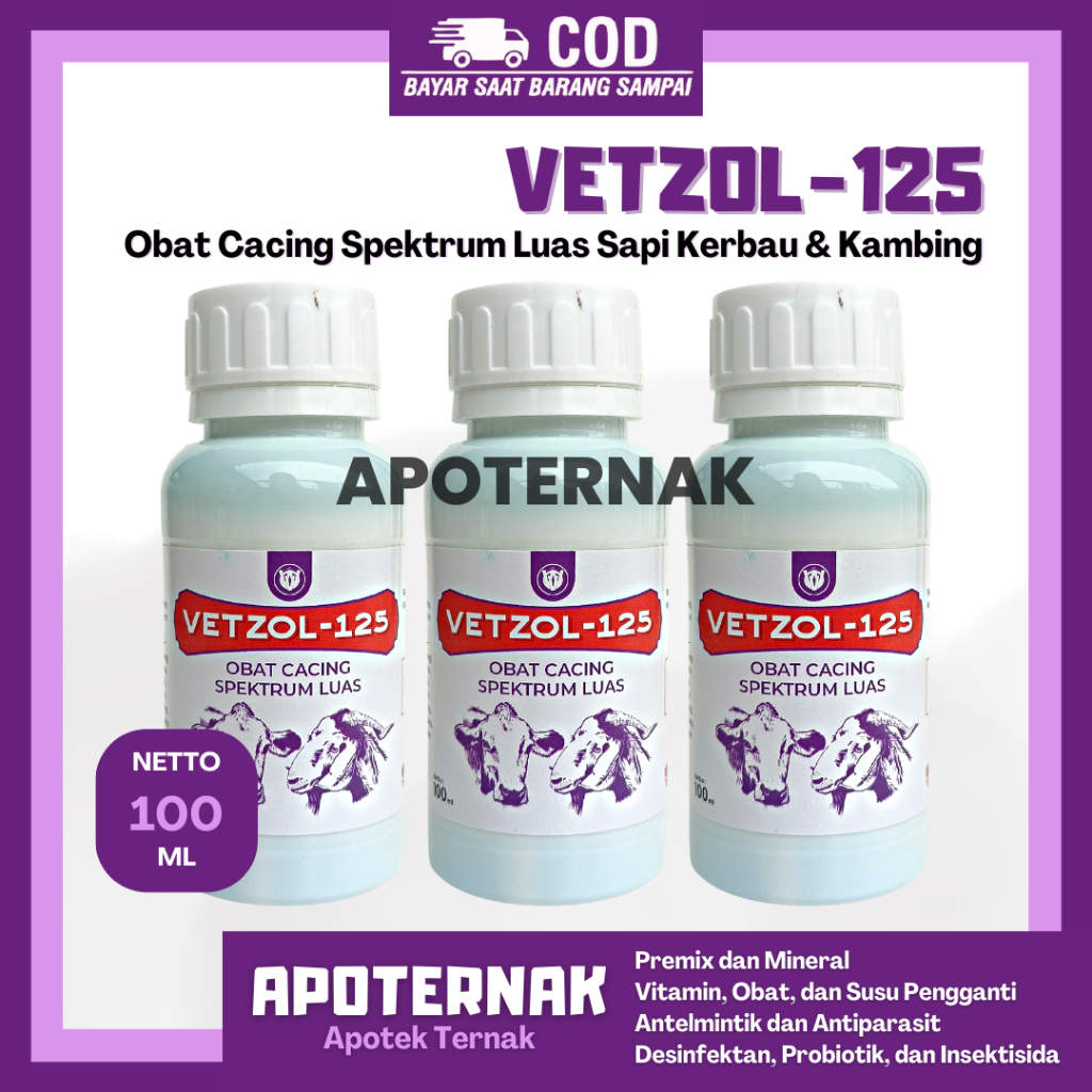 VETZOL 125 100 ml | Obat Cacing Hewan Sapi Kambing Domba Babi Ayam | Obat Cacing Spektrum Luas