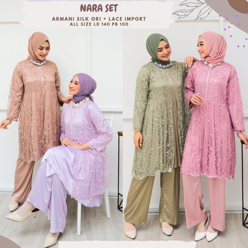 Nara Set Celana Jumbo Ld 110/Setelan Brukat Lebaran/One Set Lace Import/Setelan Kondangan/Setelan Lebaran/One Set Sage