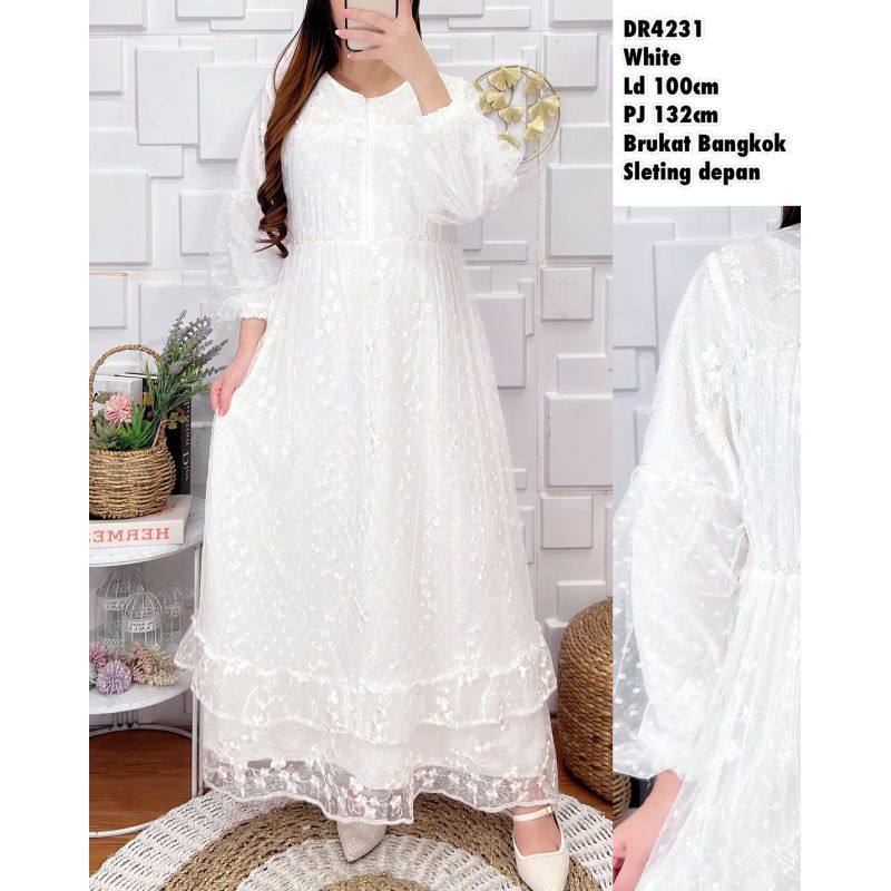 dress gamis brukat import 4231/ gamis putih mewah/ gamis lebaran