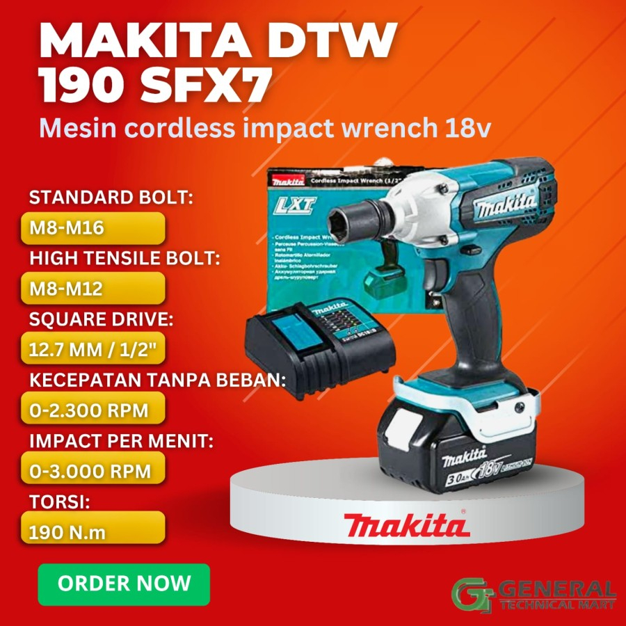 Cordless Mesin Buka Baut MAKITA DTW 190 SFX7 DTW190 Baterai - DTW190SF