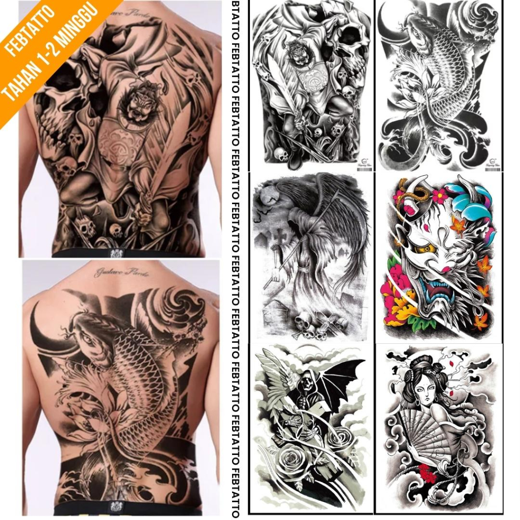 Tato Temporer Full Lengan Ukuran 35cm x 48cm Motif Ksatria Ikan Bunga Tengkorak MB 012 MB 014 Tato A