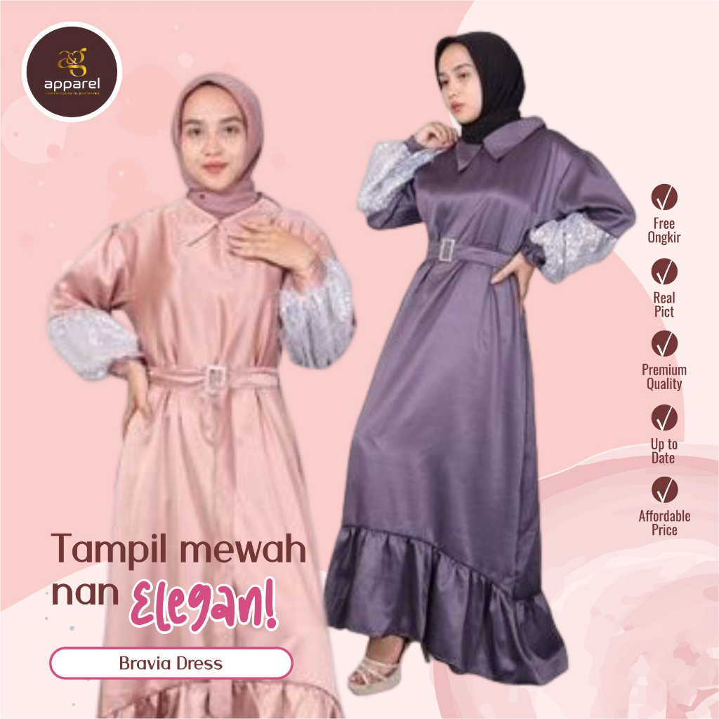 BRAVIA DRESS PREMIUM BRUKAT LENGAN BALON FASHION HIJAB 2021 (BELT LEPAS PASANG)