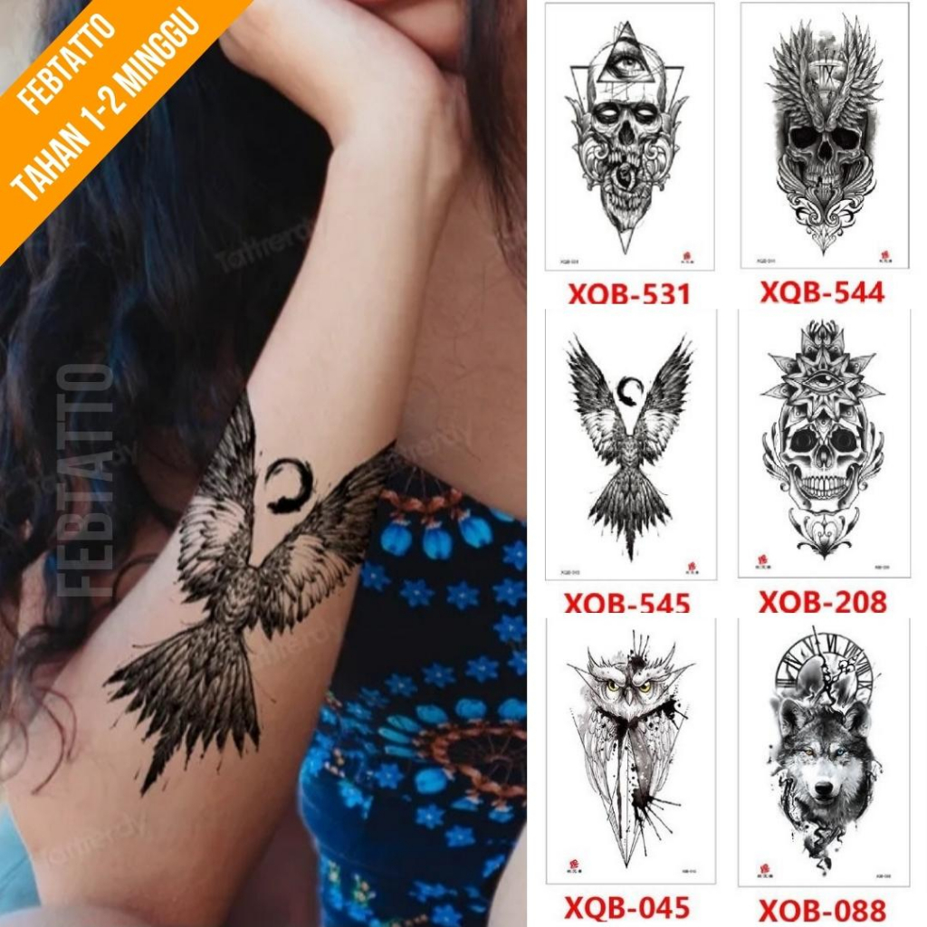 Tato Temporer Ukuran 21cmx11cm Tato Lengan Tato Dada Tato tangan Tato Kaki Tato Punggung Tato Jari  Motif Aesthetic Tatto Temporary Stiker Tato Halal Grosir Tato air motif tengkorak, sayap, burung hantu, serigala XQB 545