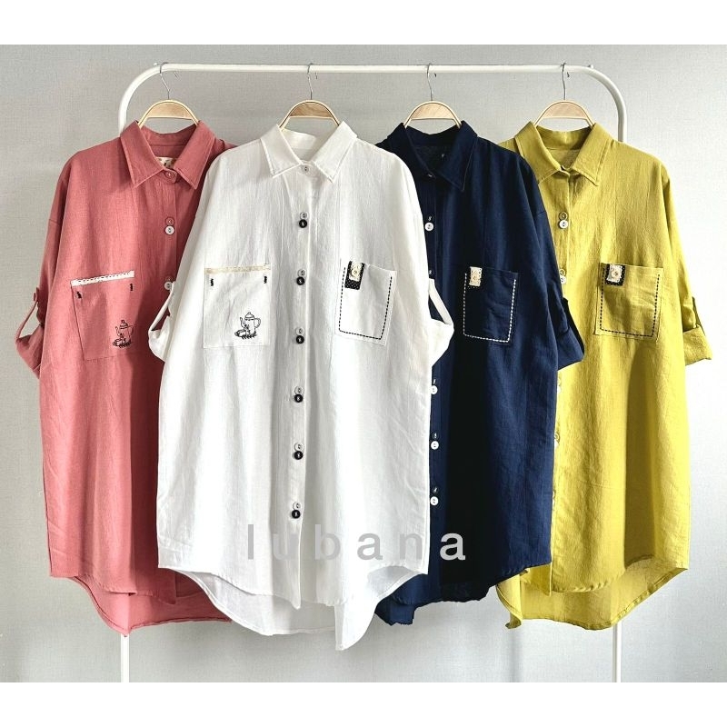 Tunik Kemeja Katun Linen Import Polos New Aplikasi LuBaNa#6716