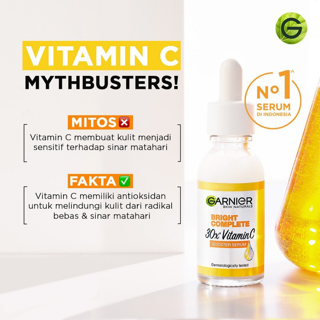 Garnier Light BRIGHT Complete Vitamin C 30x Booster SERUM Wajah (Cerahkan Noda Hitam) - 30 ml / 15 ML / Sachet 7,5 ML - Yuzu Kuning Ukuran Kecil Besar Sacet Saset BPOM Wajah Putih Glowing