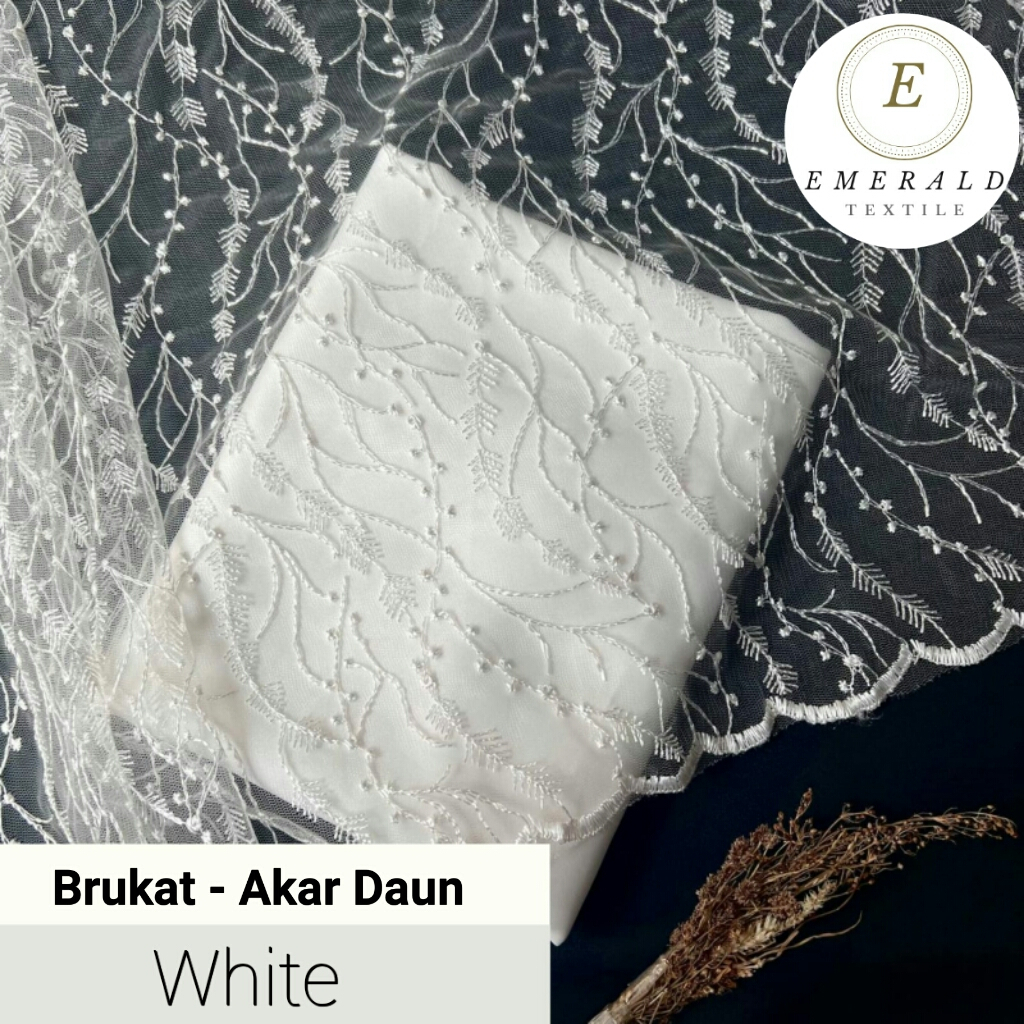 SETENGAH METER Kain Brukat Tile Prancis Premium Bahan Kebaya Motif Akar Daun - White