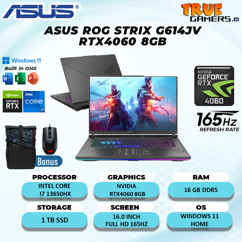 Laptop Asus ROG Strix G614JV RTX4060 8GB I7 13650HX 16GB 1TBSSD W11+OHS 16.0FHD 165HZ