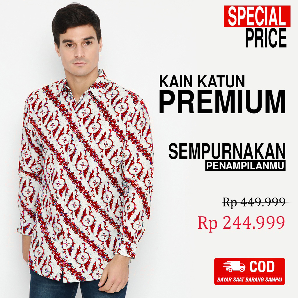 KEMEJA BATIK PRIA Kemeja Lengan Panjang Slimfit Motif Lereng Putih Merah 722399 Cap 72 - Baju Kemeja Atasan Pakaian Setelan Batik Pria Cowok Laki Laki Remaja Keluarga Kantor Lengan Panjang Modern Slimfit Slim Fit Premium Kekinian