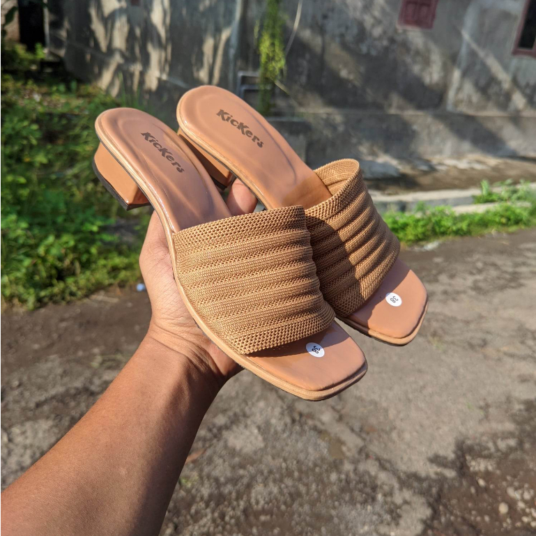 Sandal Heels 3cm Kickers Perempuan Rajut Import Model Terbaru Sendal Wanita Cantik Kondangan Pesta