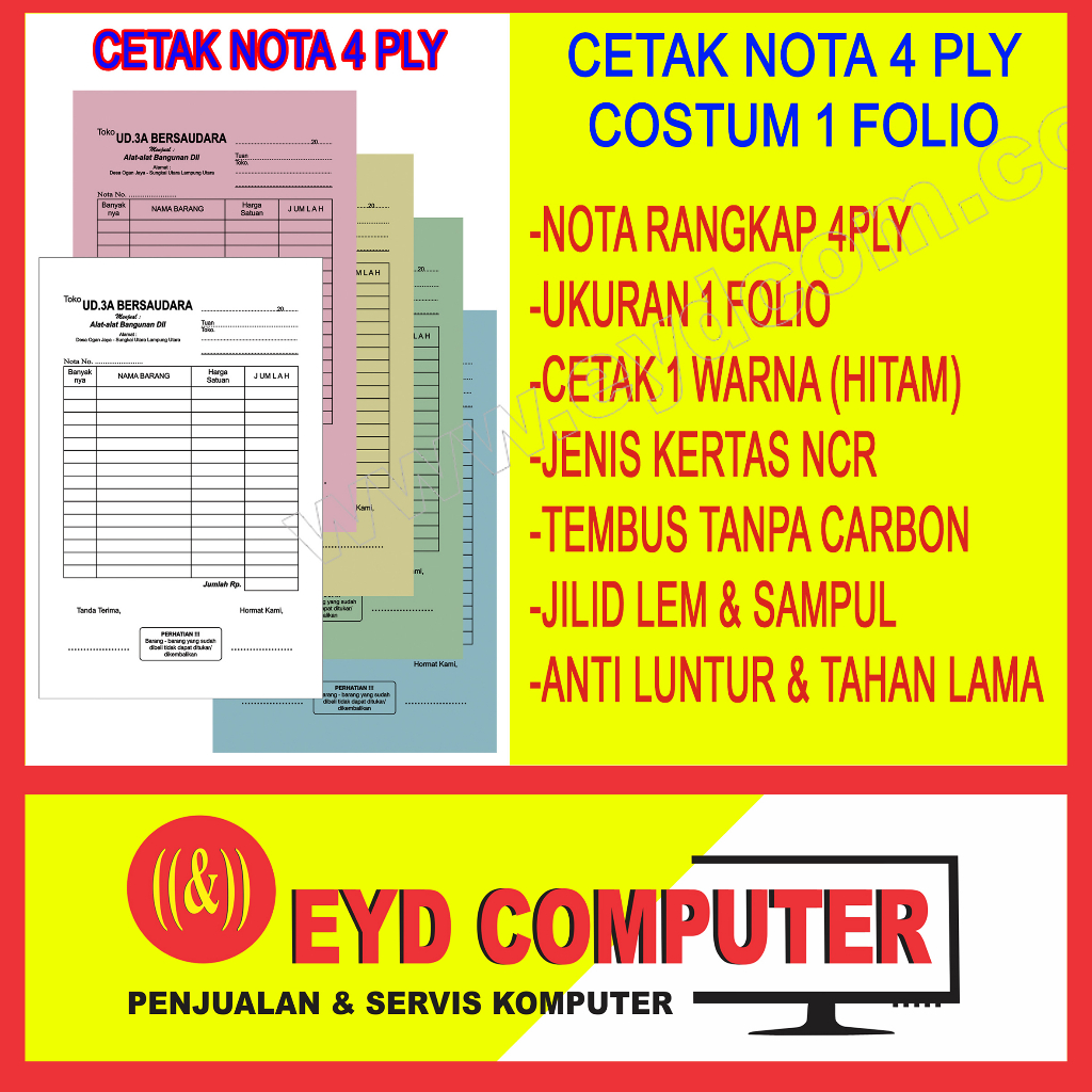 

CETAK NOTA 4 PLY 1 FOLIO KERTAS NCR COSTUM ISI RANGKAP CEK BON KWITANSI SURAT JALAN