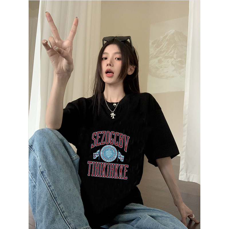 American Retro Baju Kaos Wanita Lengan Pendek Letter Motif Printed Kaos Hitam Oversize Kekinian Kaos Basic