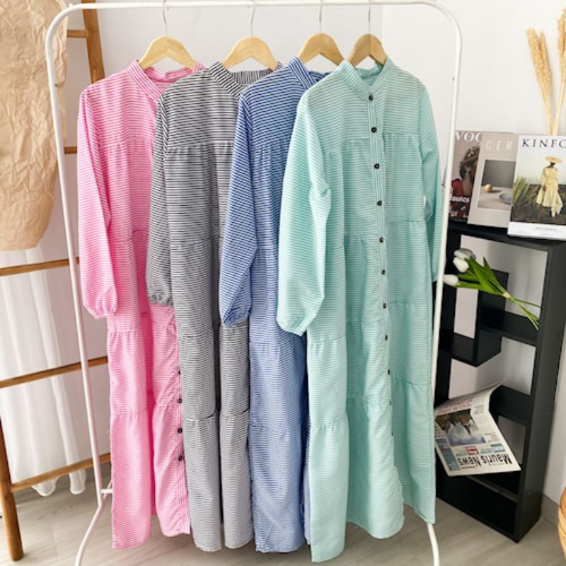 Gamis Wanita Remaja Muslim Motif Salur garis Terbaru Kekinian Gamis Simple