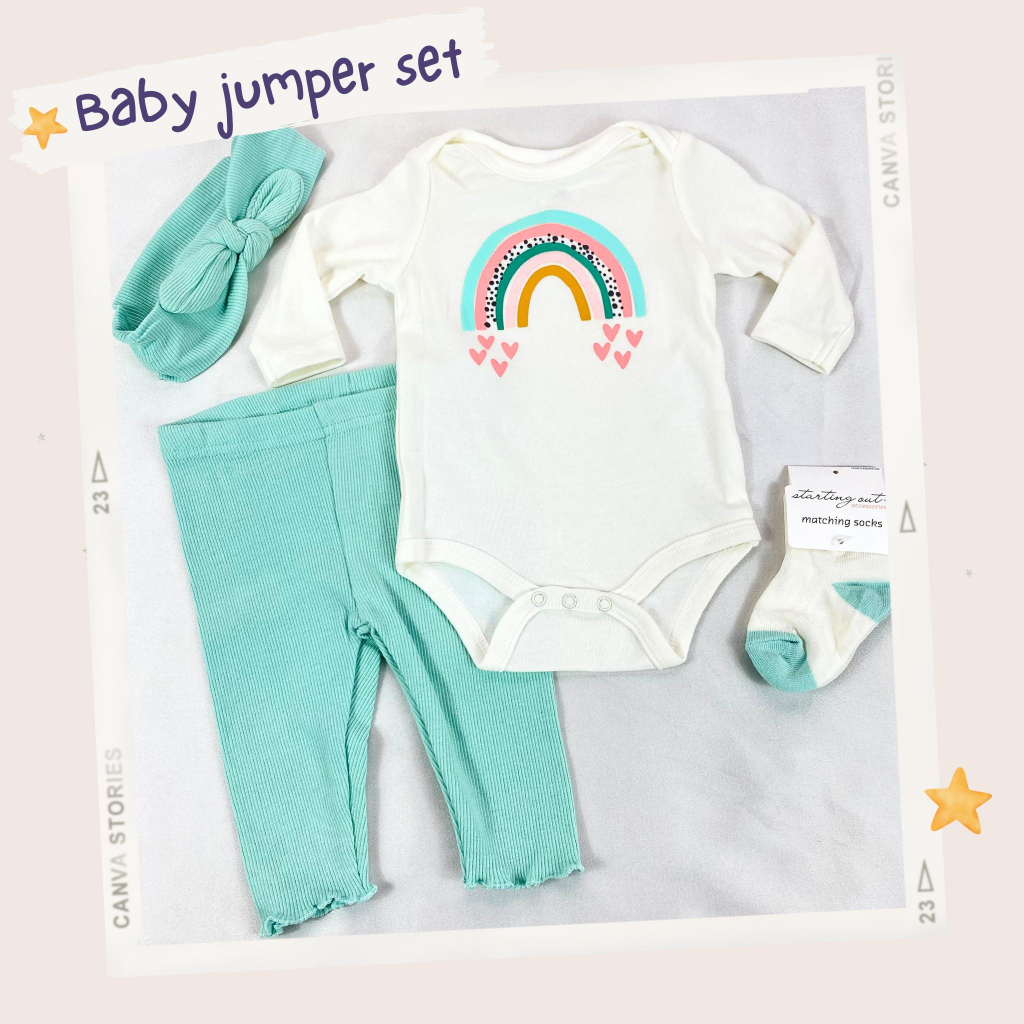 JUMPER SET - 4in1 NEWBORN 0-9 bulan import / baju bayi perempuan rainbow tosca lucu ala korea