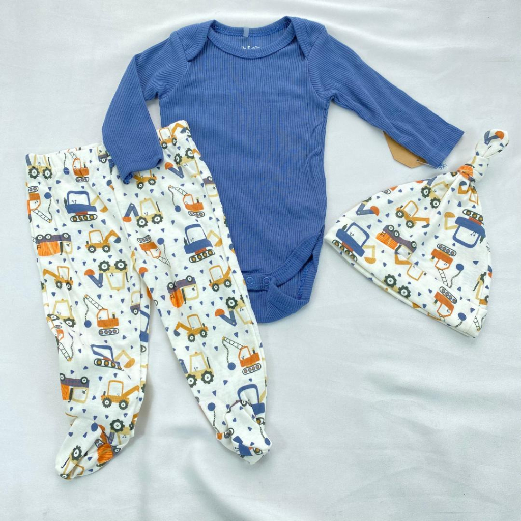 JUMPER SET 3in1 0-9 bulan import / baju bayi sleepwear piyama kupluk homewear jumpsuit bungkus kaki ala korea lucu